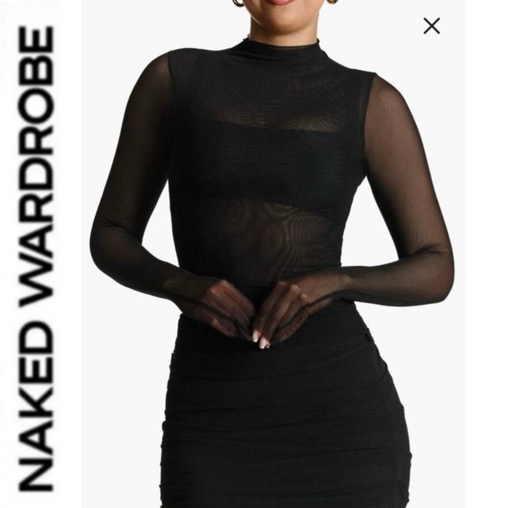 Naked Wardrobe 🤎 BROWN Sheer Long-Sleeve Mock Neck Top